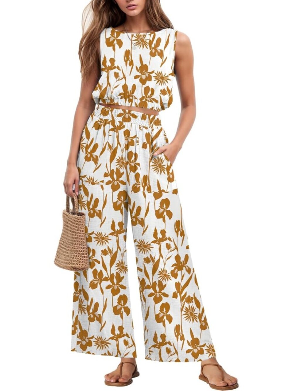 Women's Two Piece Sets Sleeveless Sunflower Crop Top Wide Leg Pant Travel Outfit